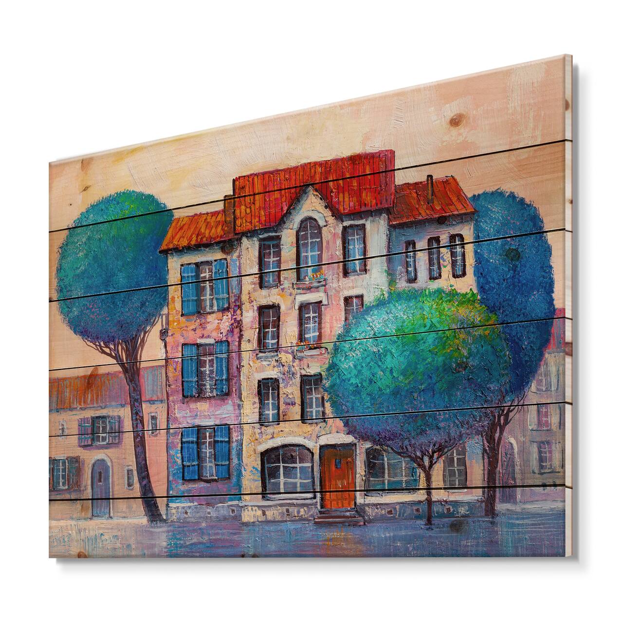 Designart - House With Red Roof and Colorful Autumn Trees - Modern Print on Natural Pine Wood